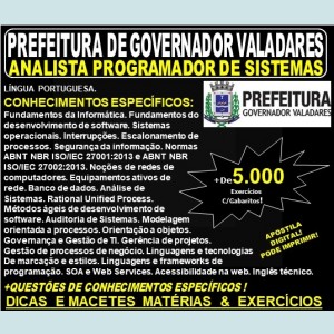 Apostila Prefeitura Municipal de Governador Valadares MG - ANALISTA PROGRAMADOR de SISTEMAS - Teoria + 5.000 Exercícios - Concurso 2019