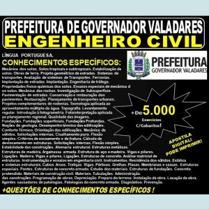 Apostila Prefeitura Municipal de Governador Valadares MG - ENGENHEIRO CIVIL - Teoria + 5.000 Exercícios - Concurso 2019