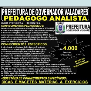 Apostila Prefeitura Municipal de Governador Valadares MG - PEDAGOGO ANALISTA - Teoria + 4.000 Exercícios - Concurso 2019