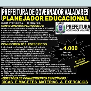 Apostila Prefeitura Municipal de Governador Valadares MG - PLANEJADOR EDUCACIONAL - Teoria + 4.000 Exercícios - Concurso 2019