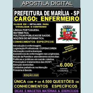 Apostila Prefeitura de MARÍLIA SP - ENFERMEIRO - Teoria + 6.000 Exercícios - Concurso 2020
