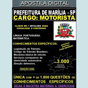 Apostila Prefeitura de MARÍLIA SP - MOTORISTA - Teoria + 3.000 Exercícios - Concurso 2020