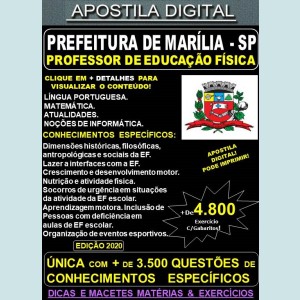 Apostila Prefeitura de MARÍLIA SP - PROFESSOR DE EDUCAÇÃO FÍSICA - Teoria + 4.800 Exercícios - Concurso 2020