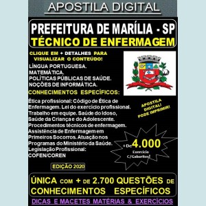 Apostila Prefeitura de MARÍLIA SP - TÉCNICO DE ENFERMAGEM - Teoria + 4.000 Exercícios - Concurso 2020
