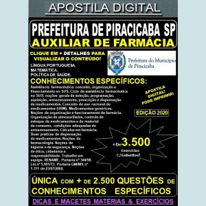 Apostila Prefeitura de PIRACICABA SP - AUXILIAR de FARMÁCIA - Teoria + 3.500 Exercícios - Concurso 2020