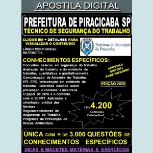 Apostila Prefeitura de PIRACICABA SP - TÉCNICO de SEGURANÇA do TRABALHO - Teoria + 4.200 Exercícios - Concurso 2020