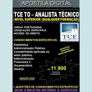 Apostila TCE TO - ANALISTA TÉCNICO - NÍVEL SUPERIOR (Qualquer formação) - Teoria + 11.900 Exercícios - Concurso 2022