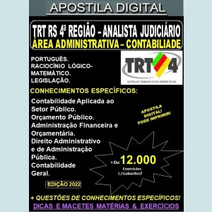 Apostila TRT RS 4ª Região - ANALISTA JUDICIÁRIO - Área Administrativa - Especialidade CONTABILIDADE - Teoria + 12.000 Exercícios - Concurso 2022